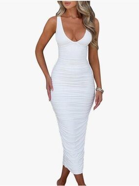 Sculpting White Ruched Maxi Dress - Women's Sleeveless V-Neck
